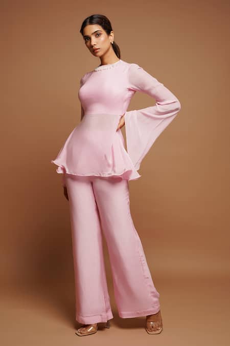 Buy_Ahi Clothing_Pink Crepe Pearls, Zari, Embroidery Crew Neck Peplum Top And Pant Set _Online_at_Aza_Fashions