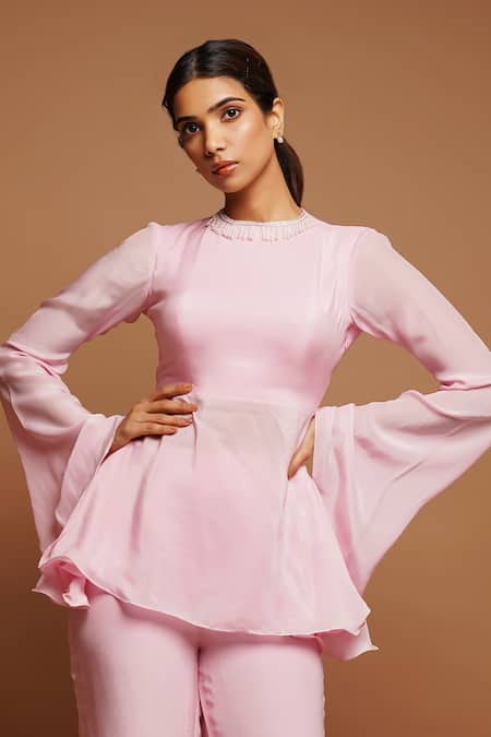 Shop_Ahi Clothing_Pink Crepe Pearls, Zari, Embroidery Crew Neck Peplum Top And Pant Set _Online_at_Aza_Fashions