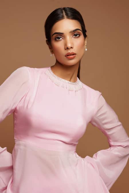 Ahi Clothing_Pink Crepe Pearls, Zari, Embroidery Crew Neck Peplum Top And Pant Set _at_Aza_Fashions