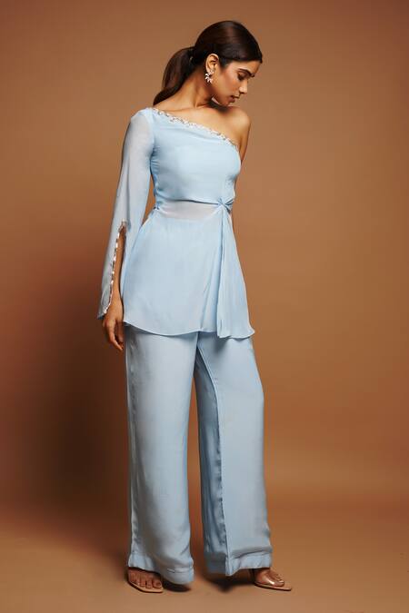 Ahi Clothing_Blue Crepe Zari, Embroidery One Shoulder Peplum Top And Pant Set _at_Aza_Fashions