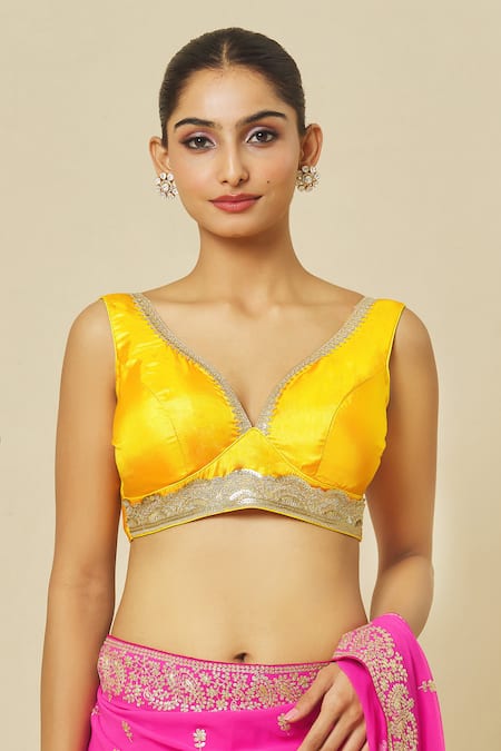 Samyukta Singhania Yellow Silk Zari V-neck Placement Embroidered Blouse at Aza Fashions Samyukta Singhania_Yellow Silk Zari V-neck Placement Embroidered Blouse _at_Aza_Fashions