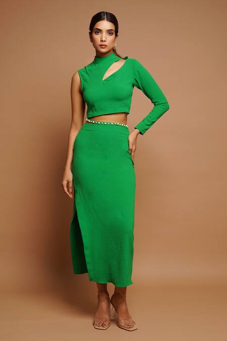 Ahi Clothing_Green Silk Pearls High Neck Asymmetric Top And Skirt Set _at_Aza_Fashions