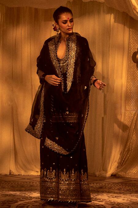 Shop_Gopi Vaid_Black Tussar, Organza Sequins, Embroidery, Siddhat Floral Kurta Sharara Set 