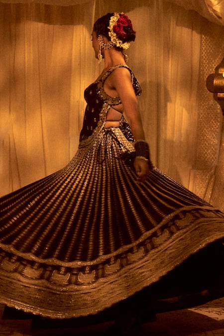 Shop_Gopi Vaid_Black Tussar Embroidery Scoop Neck Kriti Top And Victorian Skirt Set 