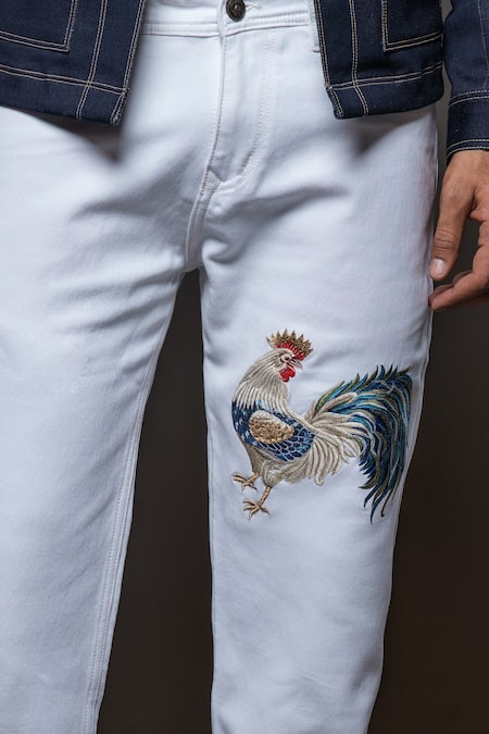 Rohit Bal_Off White Denim Embroidery Dancing Cock Placement Jeans _Online_at_Aza_Fashions