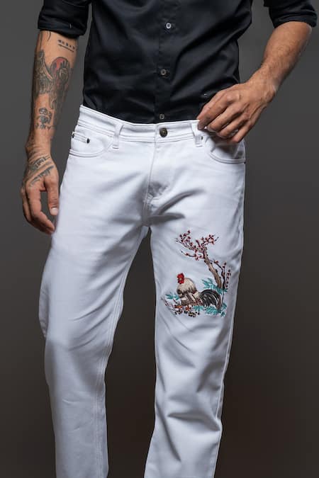 Rohit Bal_Off White Denim Embroidery Standing Bird Placement Jeans _Online_at_Aza_Fashions