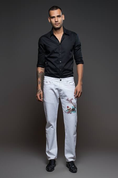 Buy_Rohit Bal_Off White Denim Embroidery Standing Bird Placement Jeans _Online_at_Aza_Fashions