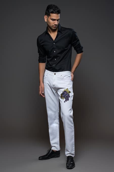 Rohit Bal Floral Grapes Placement Embroidered Denim Jeans 