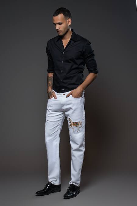 Rohit Bal Horse Placement Embroidered Denim Jeans 