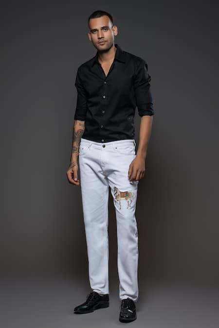 Rohit Bal Horse Placement Embroidered Denim Jeans 