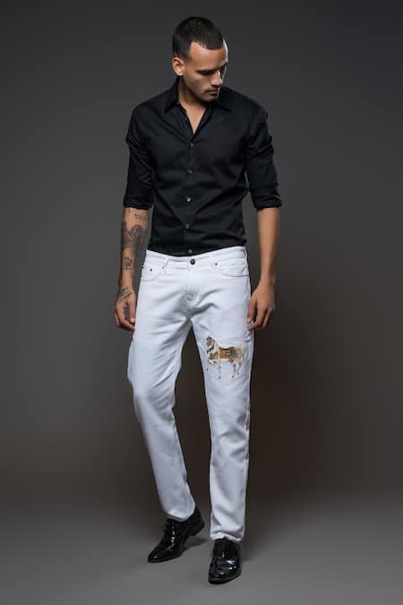 Rohit Bal_Off White Denim Embroidery Horse Placement Jeans _Online_at_Aza_Fashions
