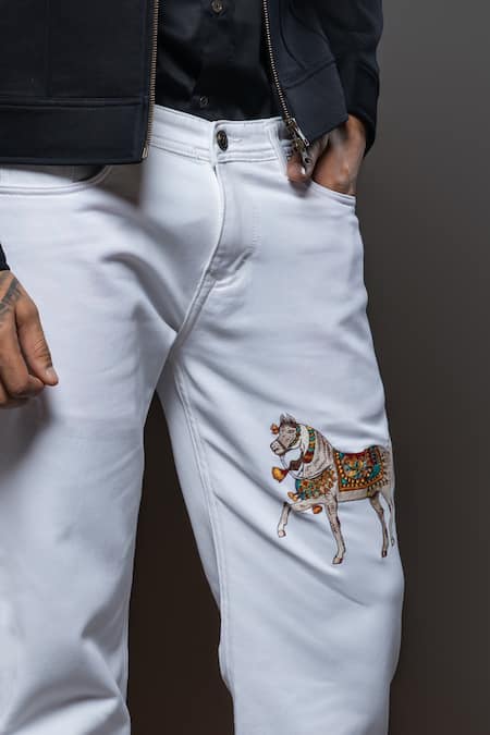 Buy_Rohit Bal_Off White Denim Embroidery Horse Placement Jeans _Online_at_Aza_Fashions