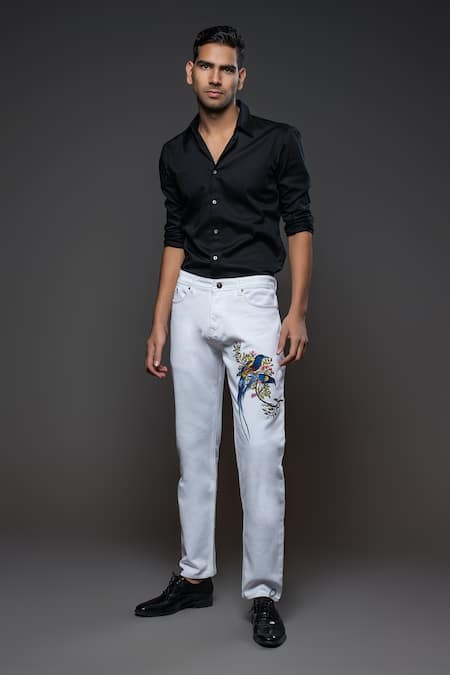 Rohit Bal Two Bird Placement Embroidered Denim Jeans 