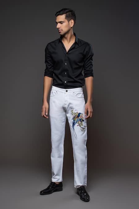 Rohit Bal Two Bird Placement Embroidered Denim Jeans 