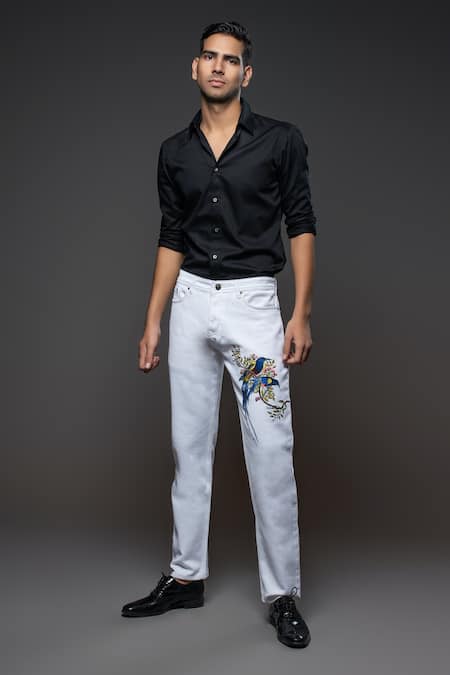 Buy_Rohit Bal_Off White Denim Embroidery Two Bird Placement Jeans _Online_at_Aza_Fashions