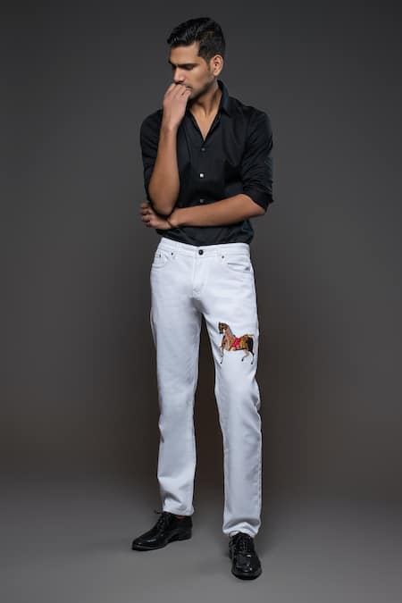 Rohit Bal Denim Horse Placement Embroidered Jeans 