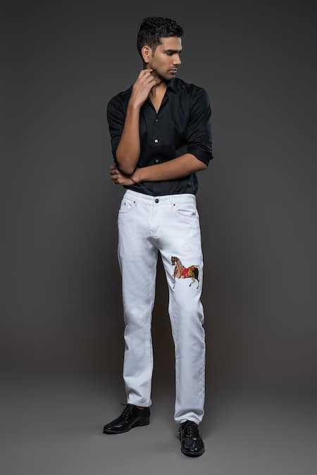 Rohit Bal Denim Horse Placement Embroidered Jeans 