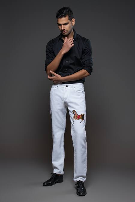 Rohit Bal_Off White Denim Embroidery Horse Placement Jeans _Online_at_Aza_Fashions