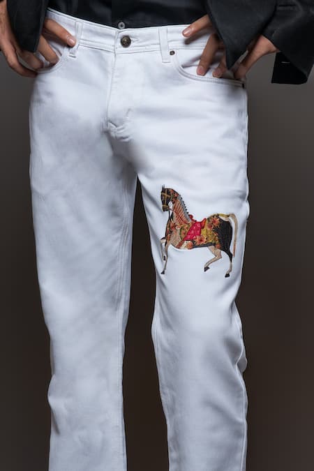 Buy_Rohit Bal_Off White Denim Embroidery Horse Placement Jeans _Online_at_Aza_Fashions