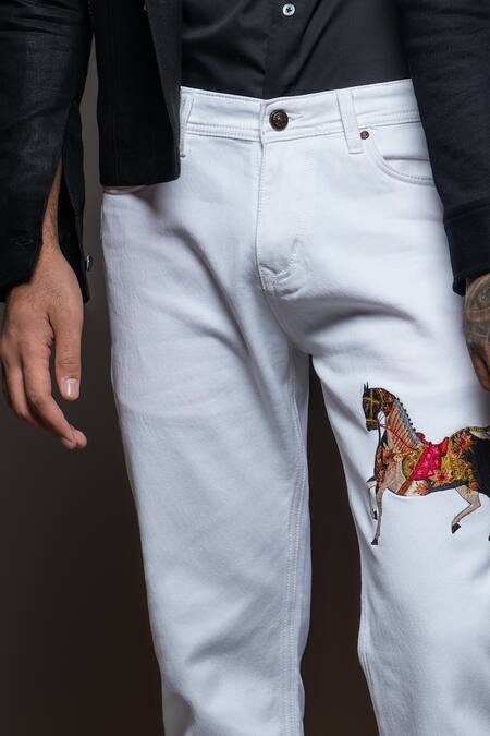 Shop_Rohit Bal_Off White Denim Embroidery Horse Placement Jeans _Online_at_Aza_Fashions