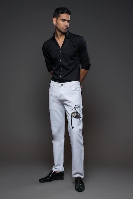 Rohit Bal Monkey Placement Embroidered Denim Jeans 