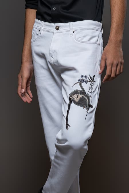 Rohit Bal_Off White Denim Embroidery Monkey Placement Jeans _Online_at_Aza_Fashions