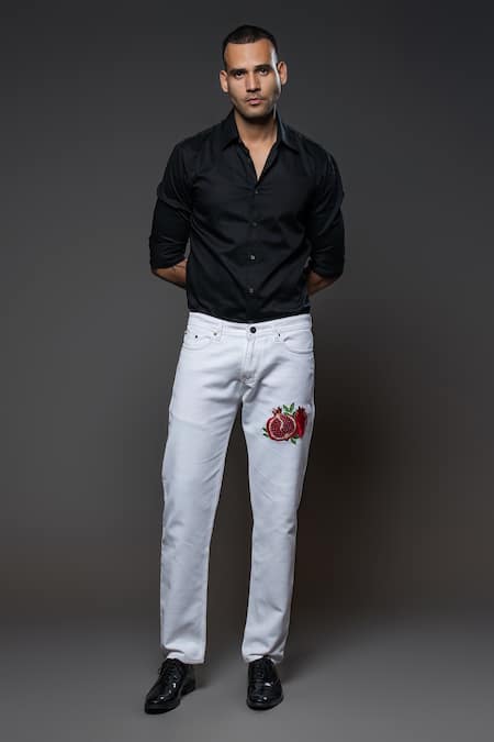 Rohit Bal Pomegranate Placement Embroidered Denim Jeans 