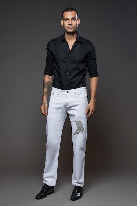 Rohit Bal Leopard Placement Embroidered Denim Jeans 