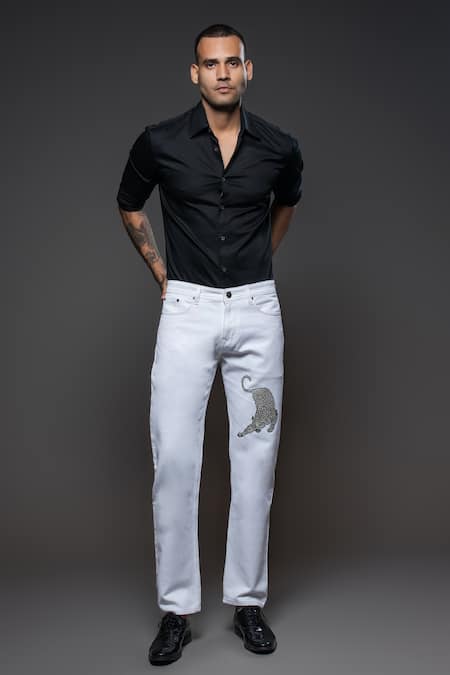 Rohit Bal Leopard Placement Embroidered Denim Jeans 