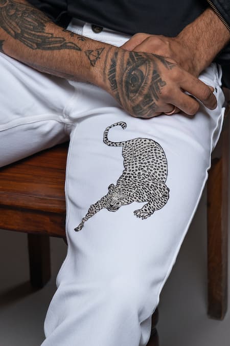 Buy_Rohit Bal_Off White Denim Embroidery Leopard Placement Jeans _Online_at_Aza_Fashions
