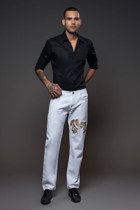 Rohit Bal_Off White Denim Embroidery Two Horse Placement Jeans _Online_at_Aza_Fashions