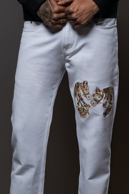 Buy_Rohit Bal_Off White Denim Embroidery Two Horse Placement Jeans _Online_at_Aza_Fashions