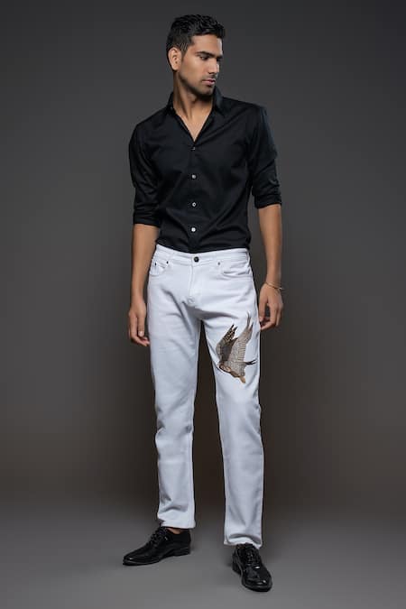 Rohit Bal Flying Eagle Placement Embroidered Denim Jeans 