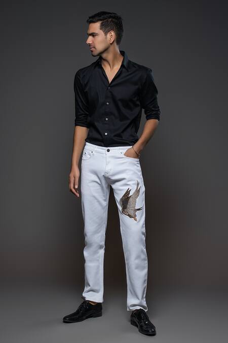 Buy_Rohit Bal_Off White Denim Embroidery Flying Eagle Placement Jeans _Online_at_Aza_Fashions