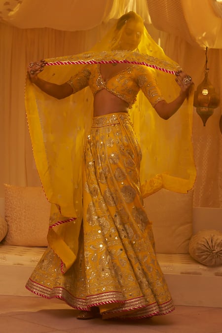 Buy Gopi Vaid Yellow Tussar, Organza Zari, Embroidery Plunge Neck Anha Bridal Lehenga Set Buy_Gopi Vaid_Yellow Tussar, Organza Zari, Embroidery Plunge Neck Anha Bridal Lehenga Set