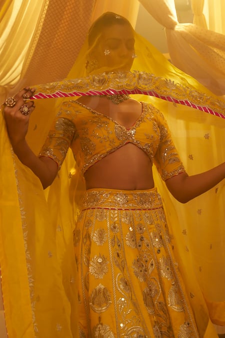 Shop Gopi Vaid Yellow Tussar, Organza Zari, Embroidery Plunge Neck Anha Bridal Lehenga Set Shop_Gopi Vaid_Yellow Tussar, Organza Zari, Embroidery Plunge Neck Anha Bridal Lehenga Set