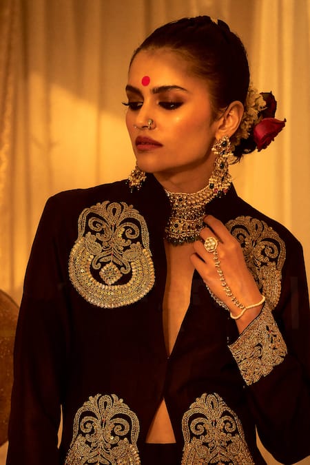 Buy Gopi Vaid Black Tussar Embroidery Mandarin Collar Marodi Jacket And Pant Set Buy_Gopi Vaid_Black Tussar Embroidery Mandarin Collar Marodi Jacket And Pant Set