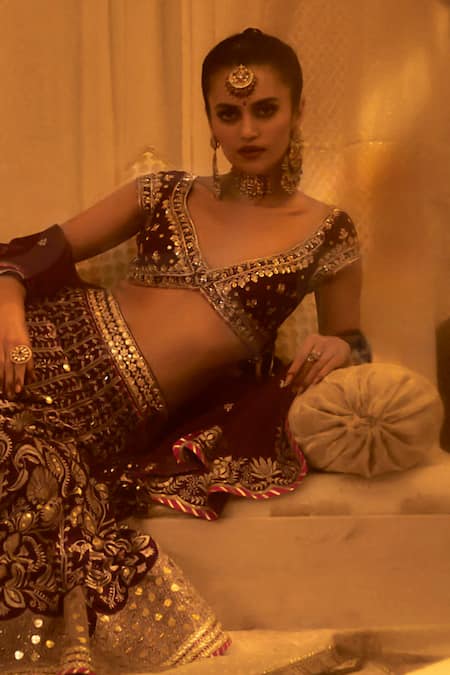 Buy_Gopi Vaid_Purple Tussar, Organza Embroidery, Sequins Sacchi Woven Pattern Lehenga Set 