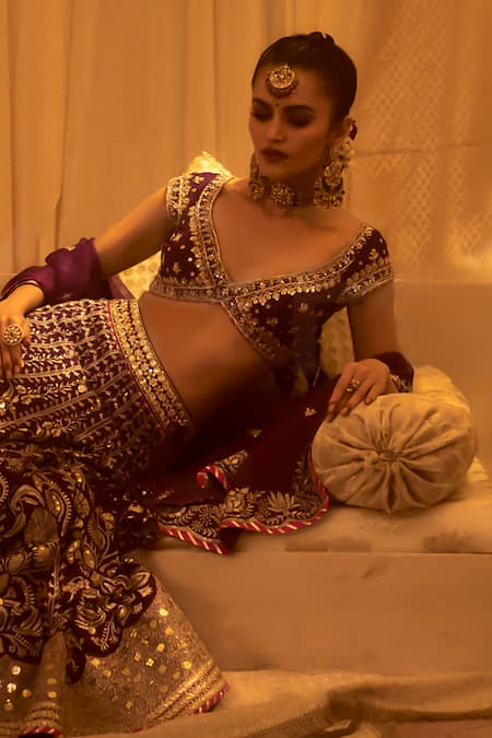Shop_Gopi Vaid_Purple Tussar, Organza Embroidery, Sequins Sacchi Woven Pattern Lehenga Set 