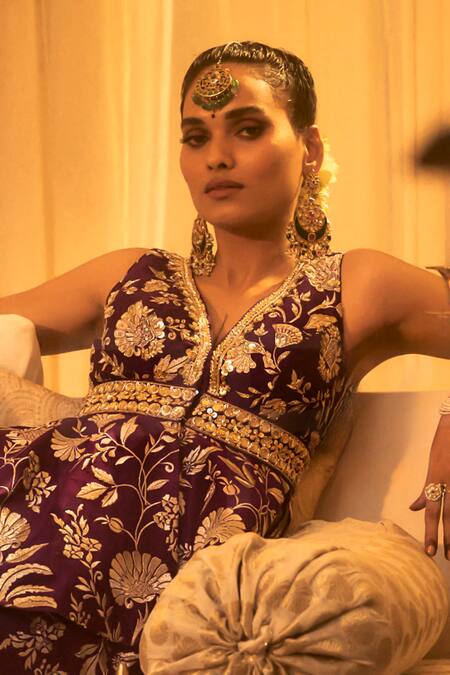 Buy_Gopi Vaid_Purple Tussar Embroidery V-neck Floral Pattern Peplum Top And Pant Set 
