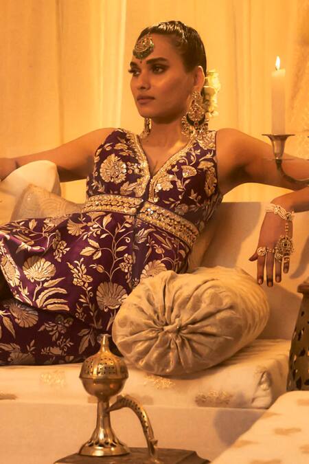 Shop_Gopi Vaid_Purple Tussar Embroidery V-neck Floral Pattern Peplum Top And Pant Set 