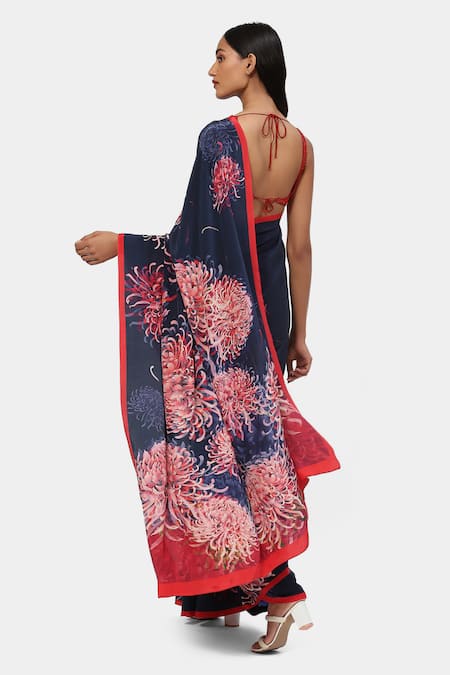 Shop Satya Paul Blue Crepe Stones Moonlit Mums Printed Saree With Running Blouse at Aza Fashions Shop_Satya Paul_Blue Crepe Stones Moonlit Mums Printed Saree With Running Blouse _at_Aza_Fashions