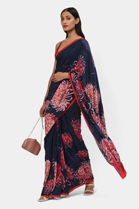 Satya Paul Blue Crepe Stones Moonlit Mums Printed Saree With Running Blouse Online at Aza Fashions Satya Paul_Blue Crepe Stones Moonlit Mums Printed Saree With Running Blouse _Online_at_Aza_Fashions