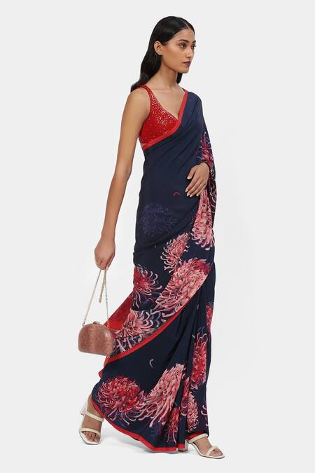 Buy Satya Paul Blue Crepe Stones Moonlit Mums Printed Saree With Running Blouse Online at Aza Fashions Buy_Satya Paul_Blue Crepe Stones Moonlit Mums Printed Saree With Running Blouse _Online_at_Aza_Fashions