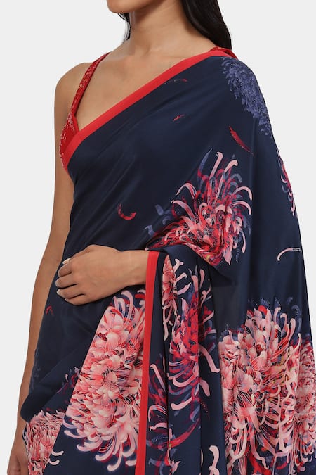 Shop Satya Paul Blue Crepe Stones Moonlit Mums Printed Saree With Running Blouse Online at Aza Fashions Shop_Satya Paul_Blue Crepe Stones Moonlit Mums Printed Saree With Running Blouse _Online_at_Aza_Fashions