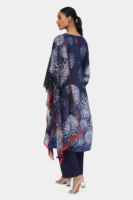 Shop Satya Paul Blue Crepe Embroidery Keyhole Neck Blissful Blossom Print Kurta And Pant Set at Aza Fashions Shop_Satya Paul_Blue Crepe Embroidery Keyhole Neck Blissful Blossom Print Kurta And Pant Set _at_Aza_Fashions