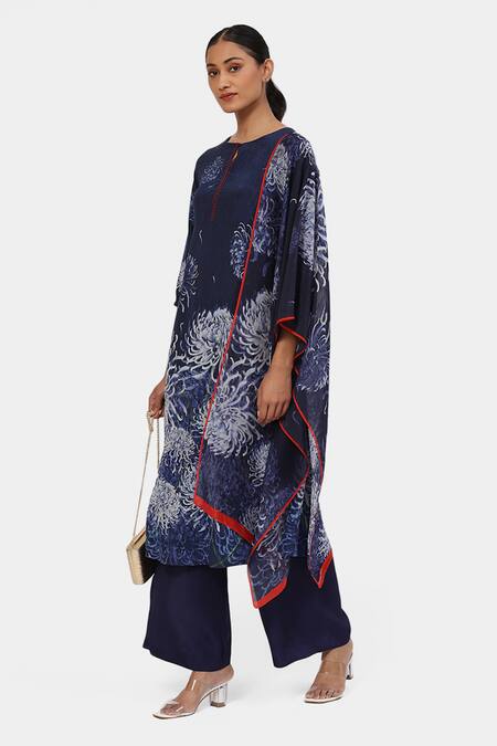Satya Paul Blue Crepe Embroidery Keyhole Neck Blissful Blossom Print Kurta And Pant Set Online at Aza Fashions Satya Paul_Blue Crepe Embroidery Keyhole Neck Blissful Blossom Print Kurta And Pant Set _Online_at_Aza_Fashions