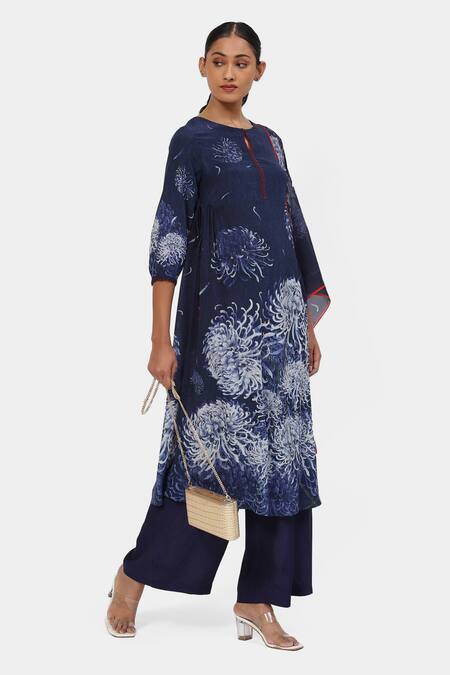 Buy Satya Paul Blue Crepe Embroidery Keyhole Neck Blissful Blossom Print Kurta And Pant Set Online at Aza Fashions Buy_Satya Paul_Blue Crepe Embroidery Keyhole Neck Blissful Blossom Print Kurta And Pant Set _Online_at_Aza_Fashions