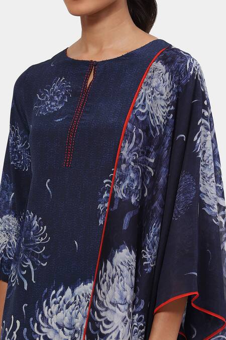 Shop Satya Paul Blue Crepe Embroidery Keyhole Neck Blissful Blossom Print Kurta And Pant Set Online at Aza Fashions Shop_Satya Paul_Blue Crepe Embroidery Keyhole Neck Blissful Blossom Print Kurta And Pant Set _Online_at_Aza_Fashions