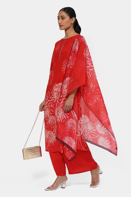 Satya Paul Red Crepe Embroidery Keyhole Neck Blissful Blossom Print Kurta And Palazzo Set Online at Aza Fashions Satya Paul_Red Crepe Embroidery Keyhole Neck Blissful Blossom Print Kurta And Palazzo Set _Online_at_Aza_Fashions